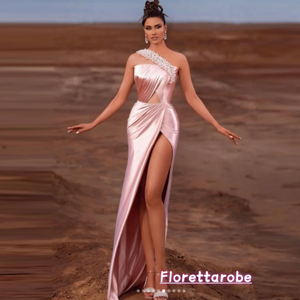 Customized Dubai Sexy High Split Prom Dress One Shoulder Beads Pearls Satin Long Evening Formal Celebrity Party Gowns Customized