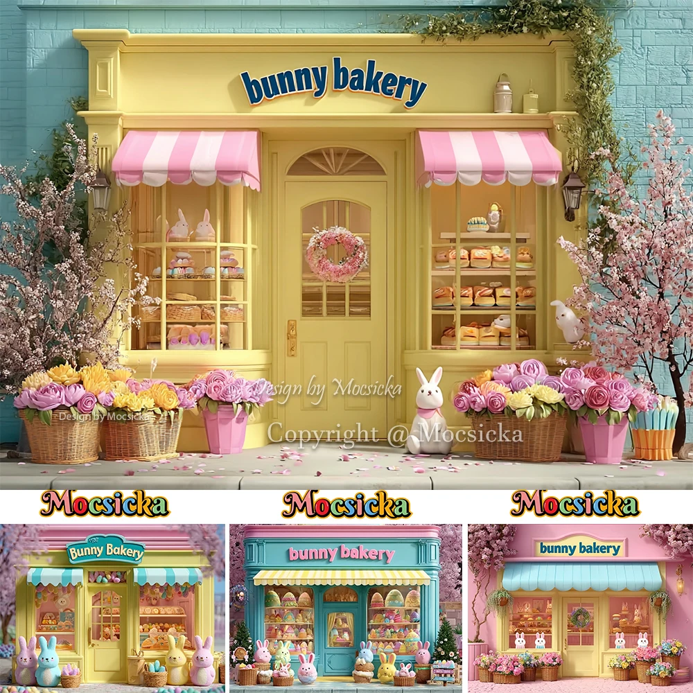Mocsicka Easter Shop Backdrop Photography Bunny Bakery Shop Floral Easter Egg Background Spring Kids Birthday Photozone Studio