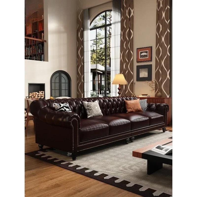 Leather sofa first layer cowhide small apartment living room household brown straight corner leather sofa