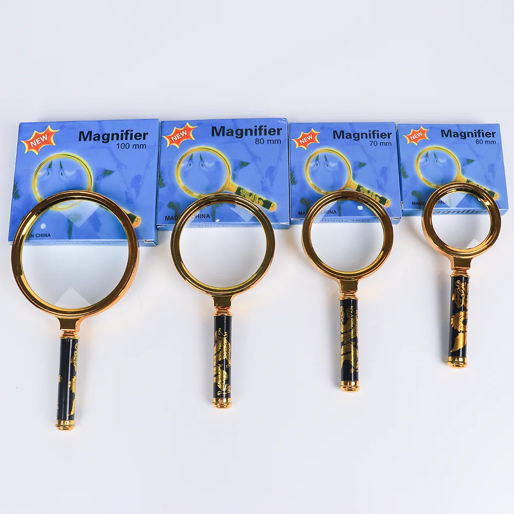 Dragon Pattern Handle 60/70/80/100mm High Magnification 10x Handheld Magnifying Glass for Retro Reading