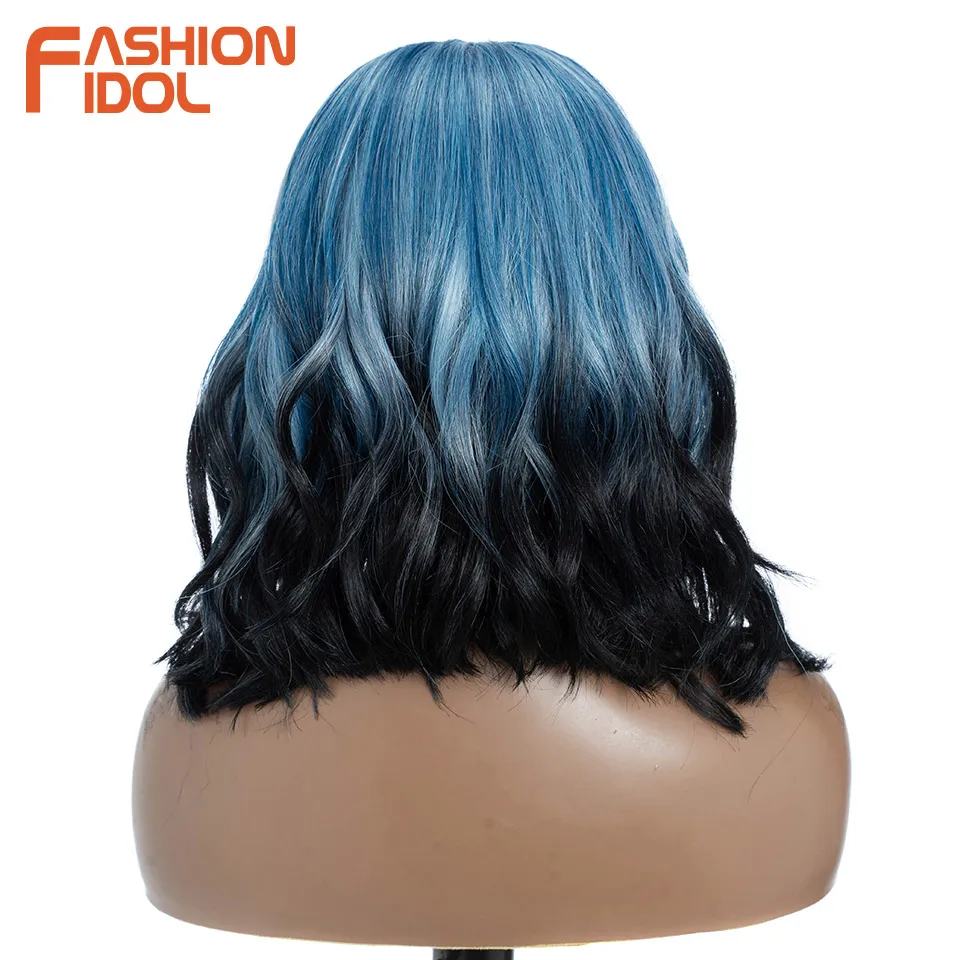 FASHION IDOL 12 Inch Bob 13x7 HD Lace Front Synthetic Wigs For Black Women Ombre Blue Heat Resistant Short Body Wave Cosplay Wig