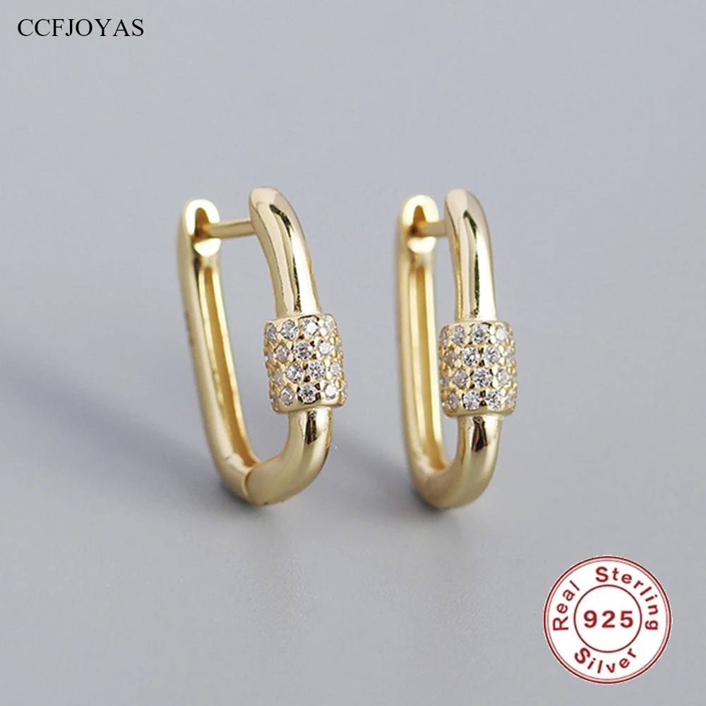 

CCFJOYAS European and American Punk Rock 100% 925 Sterling Silver Hoop Earrings for Women Oval Geometric Zircon Earrings Jewelry