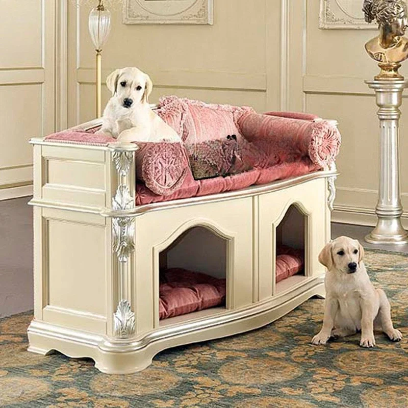 European solid wood kennel pet nest high-end villa carved indoor small and medium dog cage