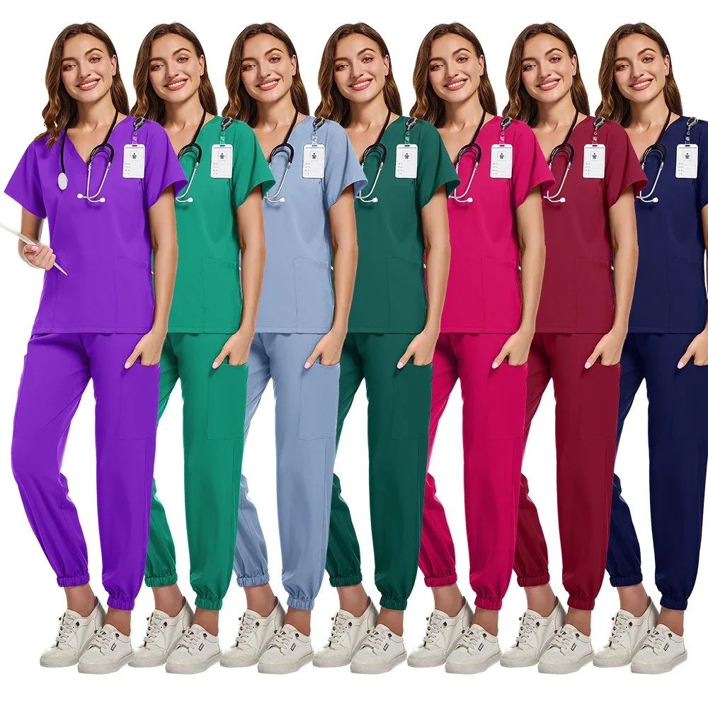 Uniformi mediche Donna Medico ospedaliero Infermiera Abbigliamento da lavoro Scollo a V Scrub Top Pantaloni da jogging Tute di bellezza chirurgica infermieristica di alta qualità