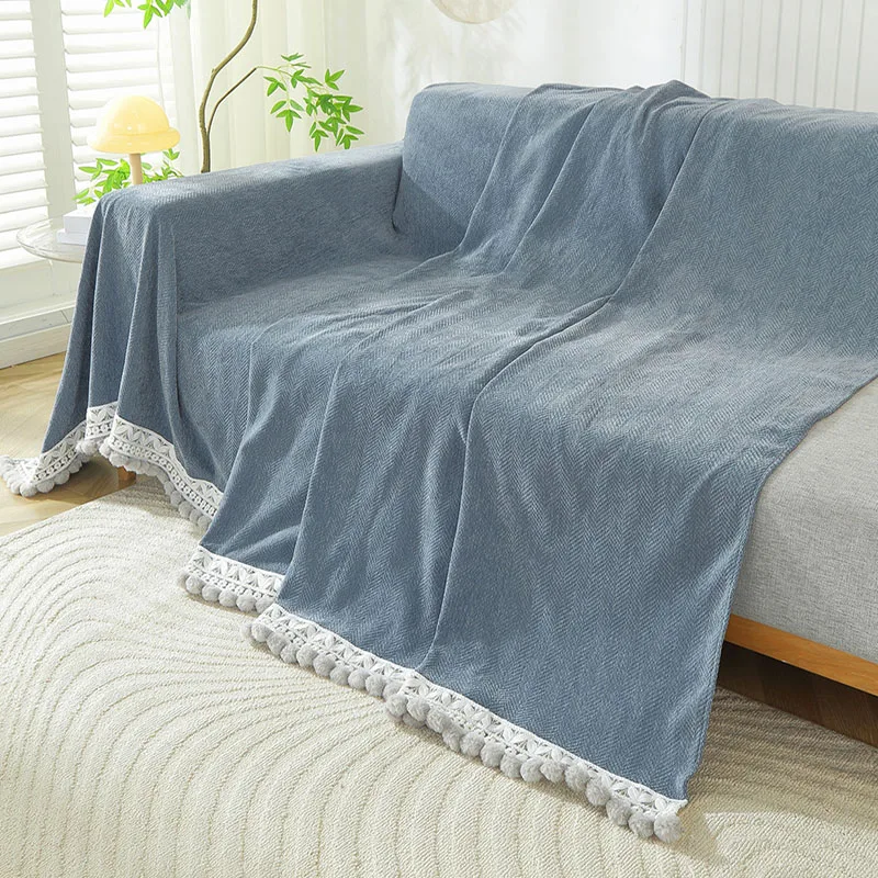 Herringbone Chenille Solid Sofa Towel Thickened Fur Ball Edge Sofa Cover for Four Seasons Cozy Skin-Friendly Blanket for Office