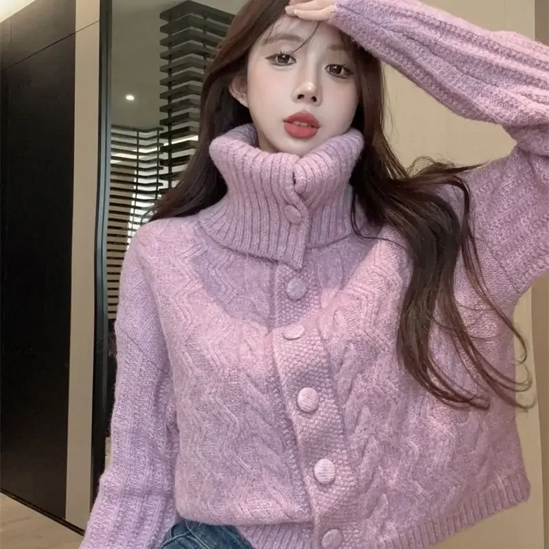 Gagaok America Retro Short Cardigans Elegant Simple Solid Turtleneck Slimming Knitted Cardigan Streetwear Casual Sweater Coat