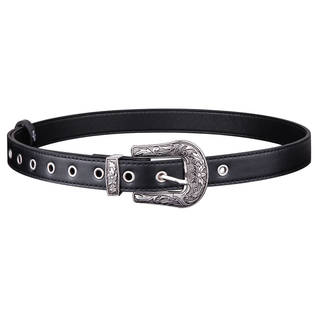 Black PU Leather Vintage Western Belt for Women, Adjustable Carved Silver Metal Buckle Waist Belt for Jeans Pants Dresses