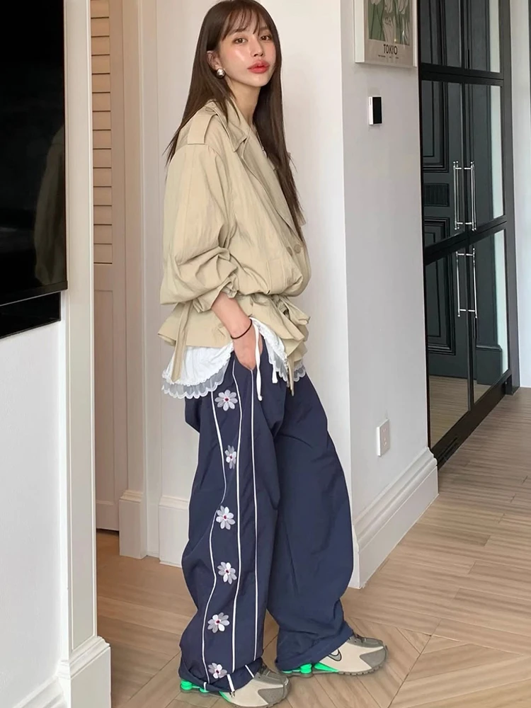Retro Embroidered High Waist Casual Pants Side Stitched Long Trousers Women's Autumn New Style Commute Style Korean Version