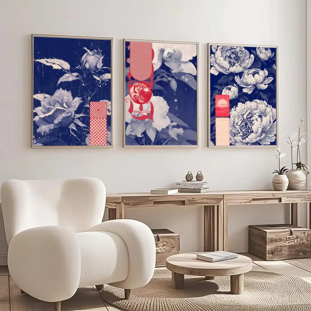 Blue Aesthetic Floral Poster Set, Abstract Rose Flower Wall Art Print, Modern Vintage Graphic Decor, Red Accent Minimal Art