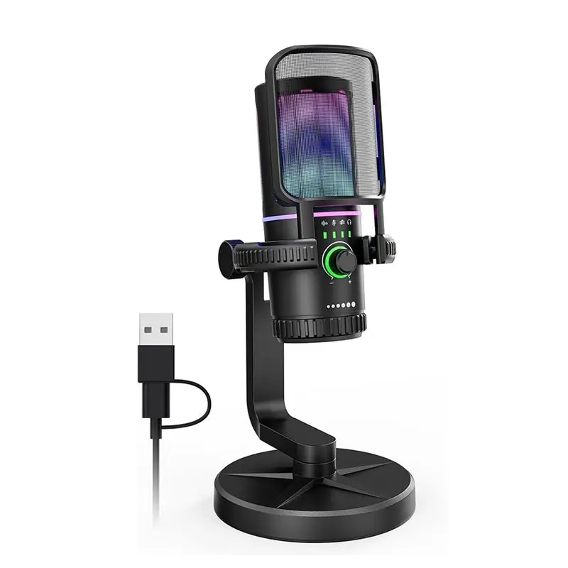 

USB-микрофон A55T с конденсаторным микрофоном, фильтром, антивибрационным креплением и регулировкой усиления для стриминга на ПК, игр и подкастов