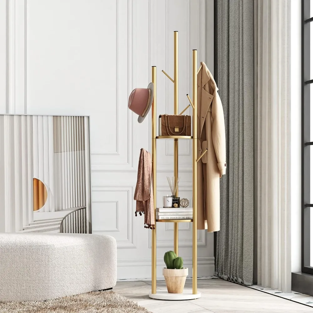 Freestanding Gold Metal Coat Rack, Modern Hall Tree Stand for Hats, Scarves, Bags, Stylish Storage Solution