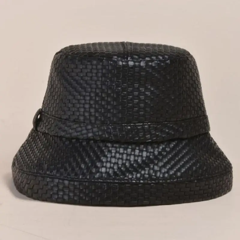 R1WE النمط الياباني المرأة خمر تقليد الجلود قبعة بحافة المنسوجة منقوشة بلون واسعة حافة واقية من الشمس الشتاء الخريف البانانا