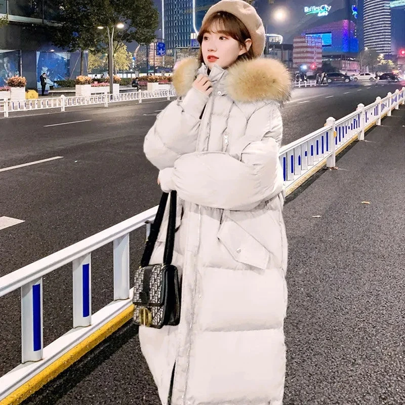 Faux Fur Collar Long Hooded Parka Women 95kg Loose Warm Winter Cotton Jackets Korean Fashion Snow Wear Padded Quilted Overcoat