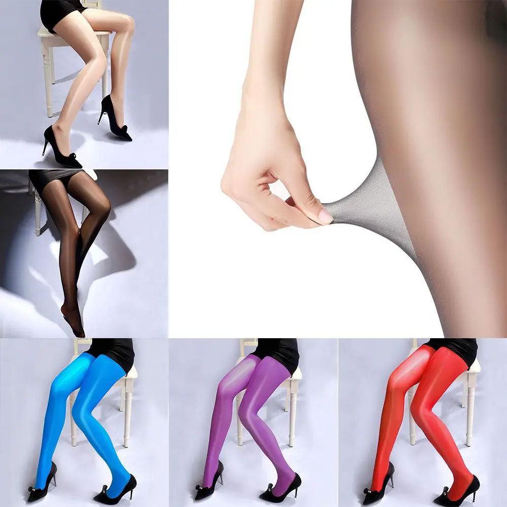 

Shiny Lingerie Glossy Oil Thin Light High Waist Women Stockings Open Crotch Sexy Tights Pantyhose