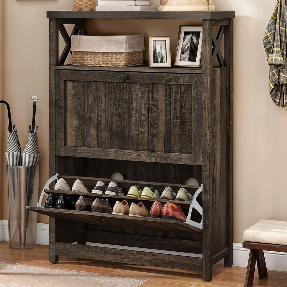 

"White Entryway Shoe Cabinet with 2 Flip Drawers | Free-Standing Narrow Hidden Shoe Rack & Storage Organizer"