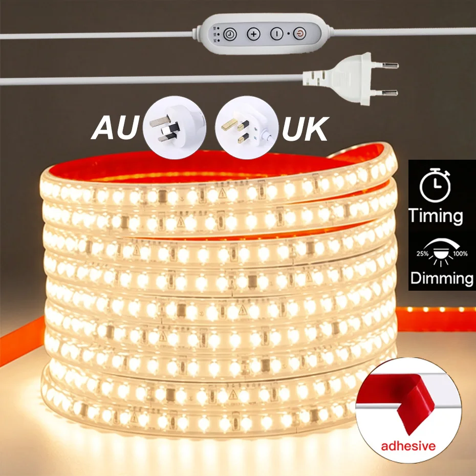 1m-20m Outdoor Lighting 220V Led Strip Light 120leds/m Self-Adhesive White/Warm White with EU AU UK Timing Dimming Switch Plug