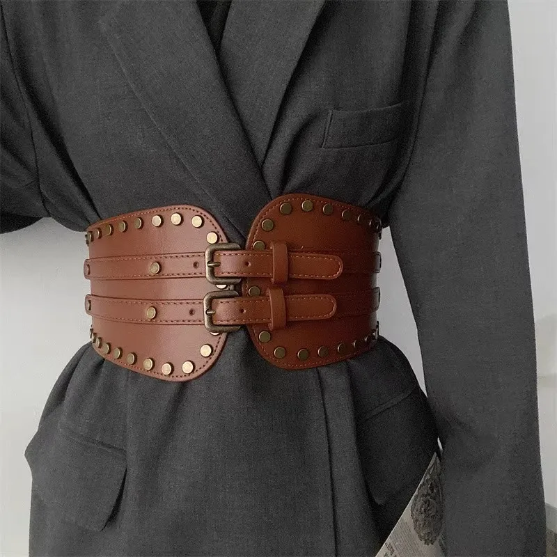 

Women's Fashion PU Leather Rivet Elastic Corset Female Cummerbund Coat Waistband Dress Decration Wide Belt J318