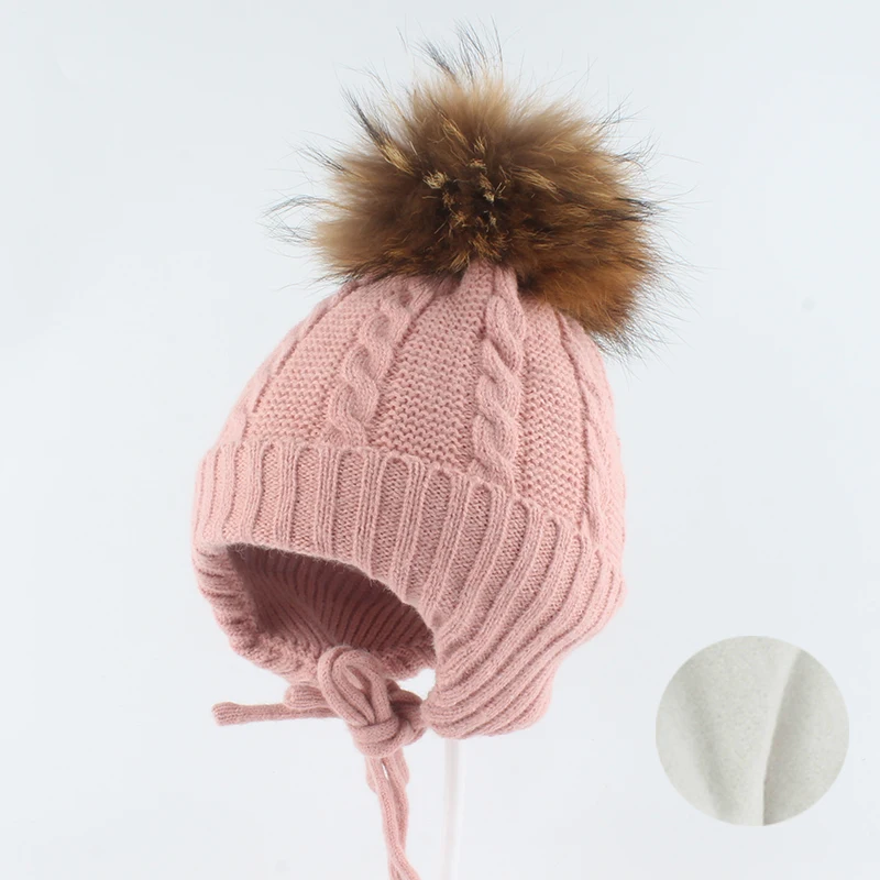 Real Raccoon Fur Pompom Hat Children Girl Boy Winter Warm Plus velvet Knitted Wool Beanies For Kids Outdoor Earflap Baby Cap