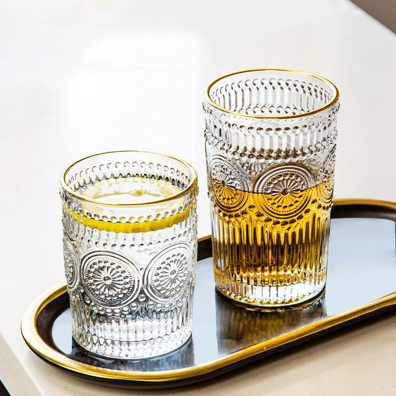 2pcs Set Vintage Sunflower Glass Cup Large Capacity Embossed Gold Edge Glass Cups for Water Cocktail Milk Tea Juice Beer Glasses