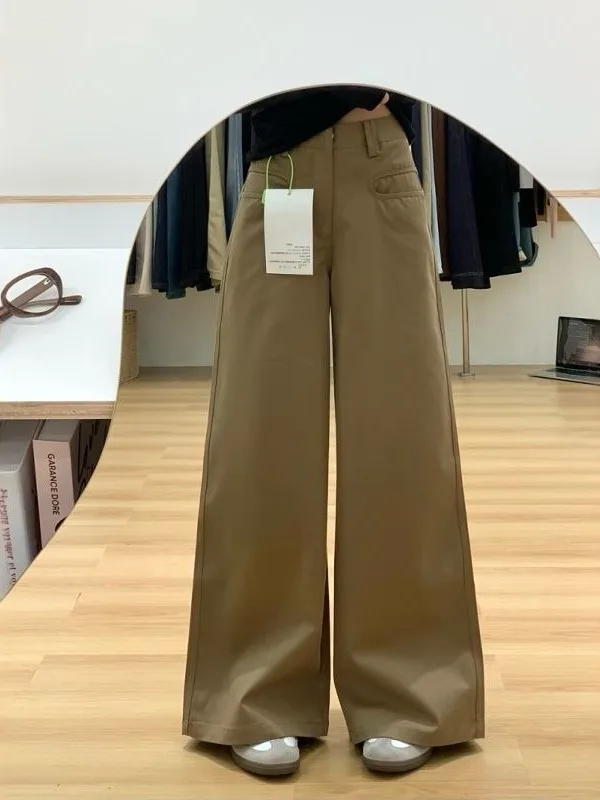 

Американские ретро-джинсы цвета хаки с широкими штанинами, женские, весна-осень, с высокой талией, свободные, прямые, в пол