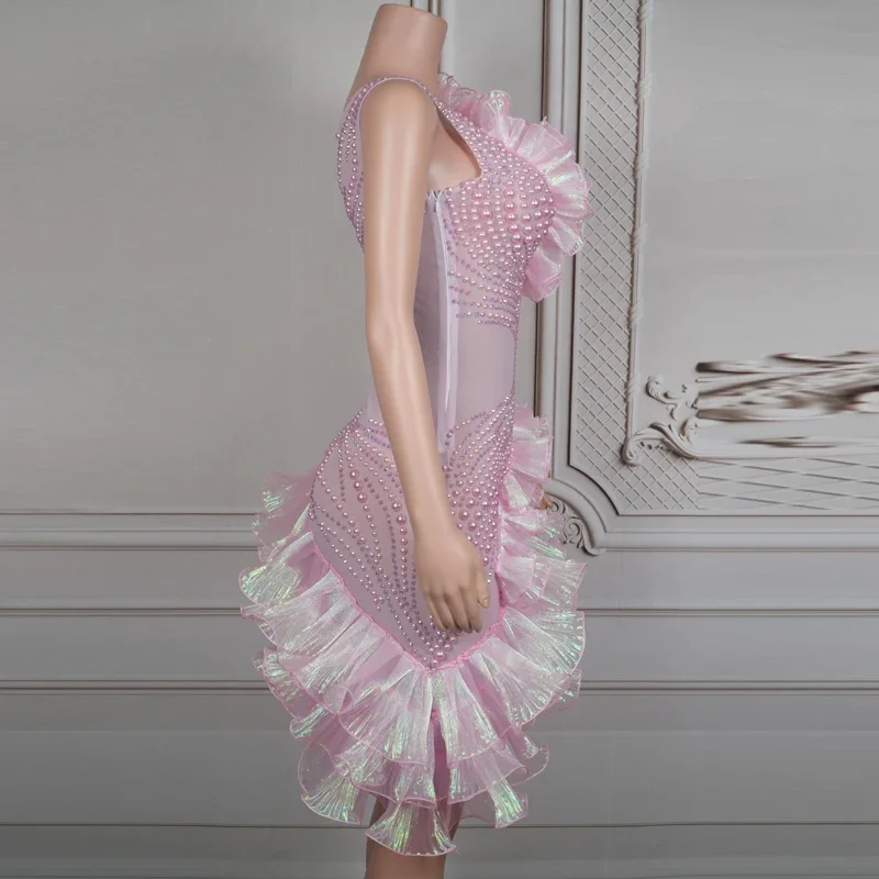 Pink Rhinestones Pearls Cake Dress Women Celebrate Evening Dresses Bar Dj Ds Party Costume Festival Outfit Clubwear