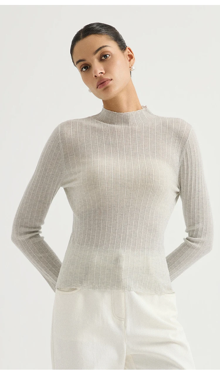 BL3621732 Damen-Pullover mit Stehkragen aus Wollmischung, Lurex, gerippt, langärmelig, mit Wellenkragen, seitlicher Kette und metallischem Glanz für den Herbst – Detail 6