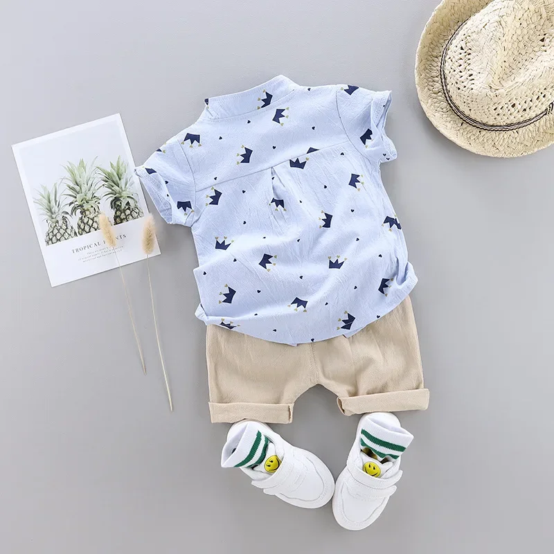 IENENS Boys Bow Clothes Sets Short Sleeve Shirts + Shorts Suit Summer Toddler Crown Pattern Clothing Outfits Kids Party Wear