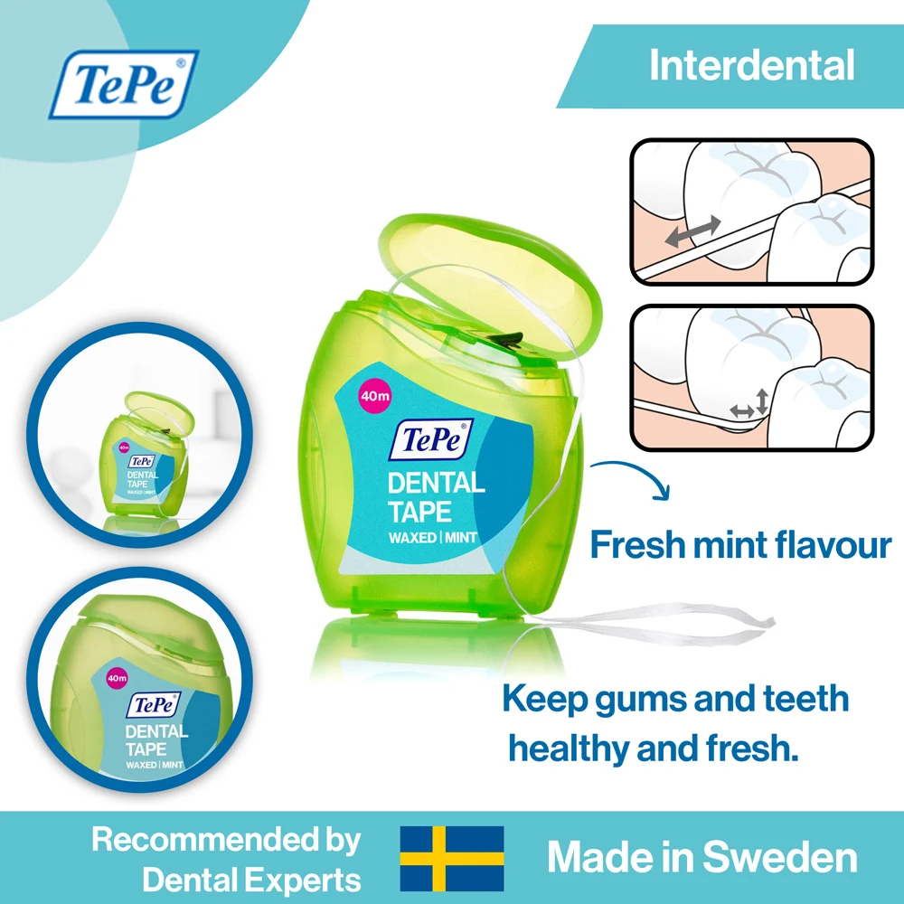 Tepe Dental Tape Floss For Teeth 40M Waxed Rolls Wide Flat Flosser Wax With Natural Beeswax Plackers Fresh Mint Toothpick Sweden