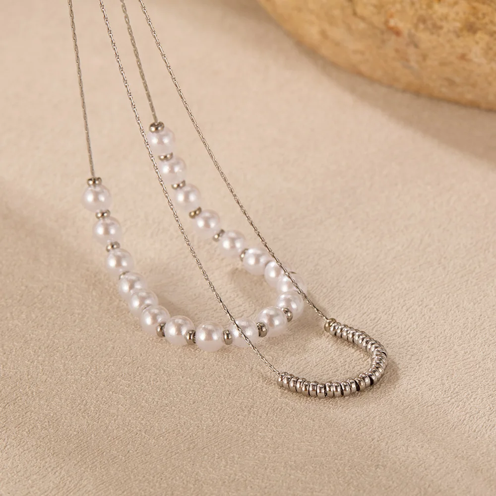 Doppelschichtige Perlenketten aus Edelstahl für Damen, frische, süße Schlüsselbeinkette, modischer, vielseitiger Schmuck – Detail 4