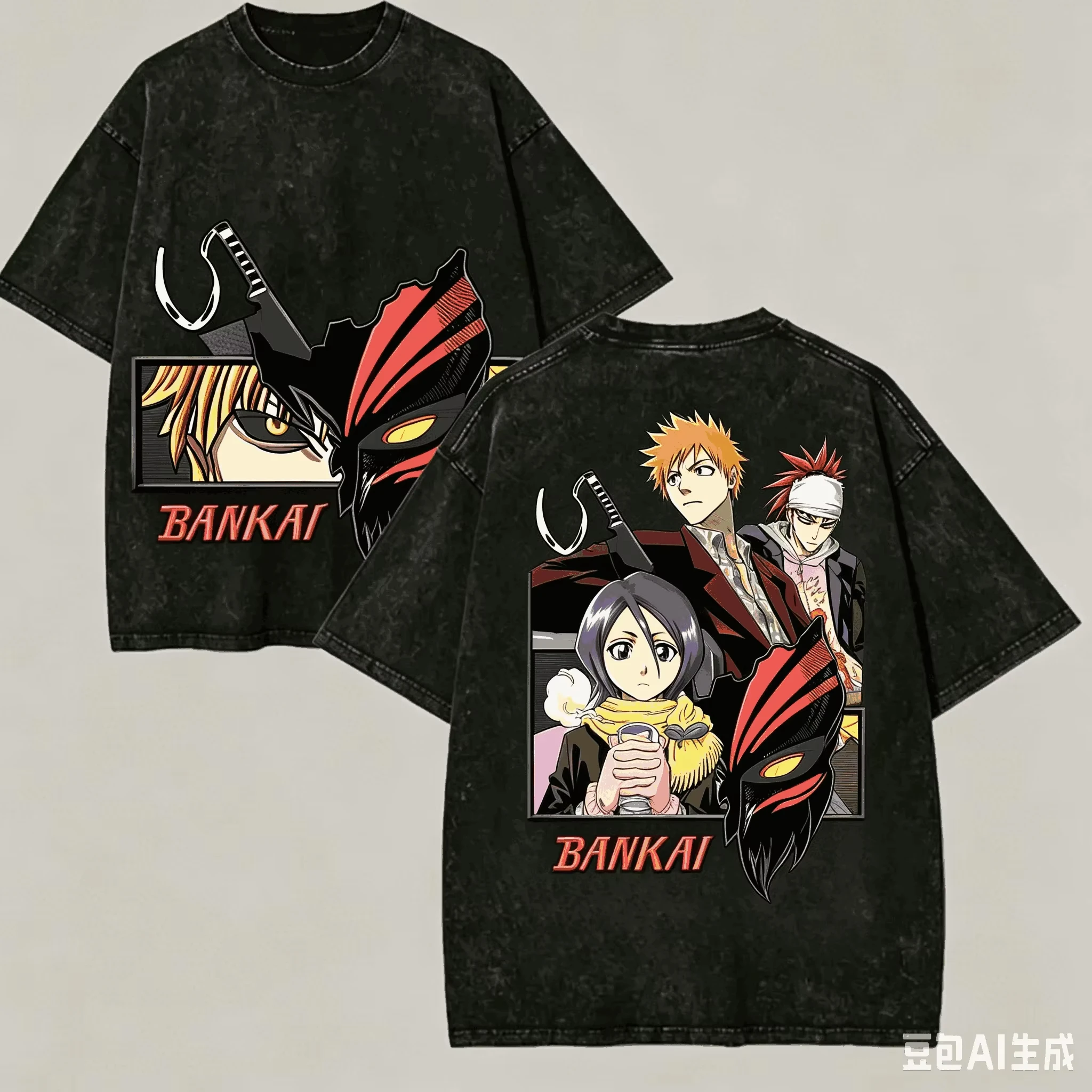 Camiseta de algodón unisex oversize estilo Y2K con gráfico de anime vintage lavado de Bleach Ichigo Rukia Renji Bankai Two Side 2026
