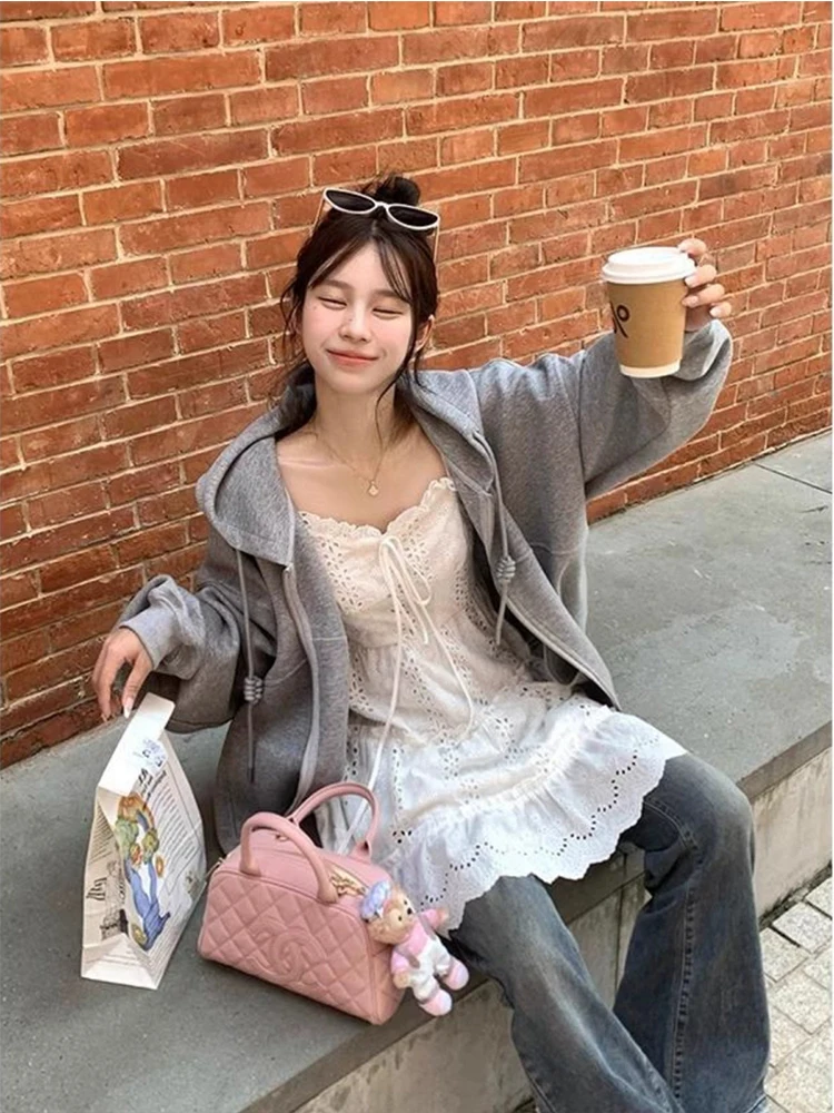 Coréen Sle A-Line Dr Lace Trim ter Ne Dr Minceur Polyvalent Blanc Brodé Imprimé Floral Maxi Dr