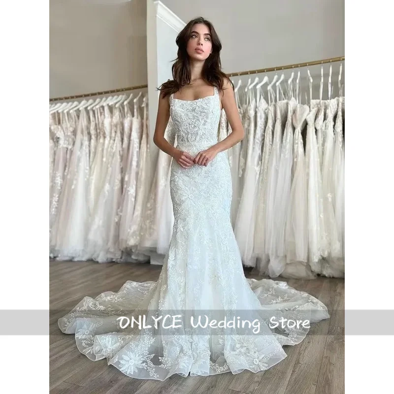 Suknie ślubne syreny z koronki na zamówienie 2025, kwadratowy dekolt, bez rękawów, zdobione koralikami i aplikacjami, Vestidos de novia