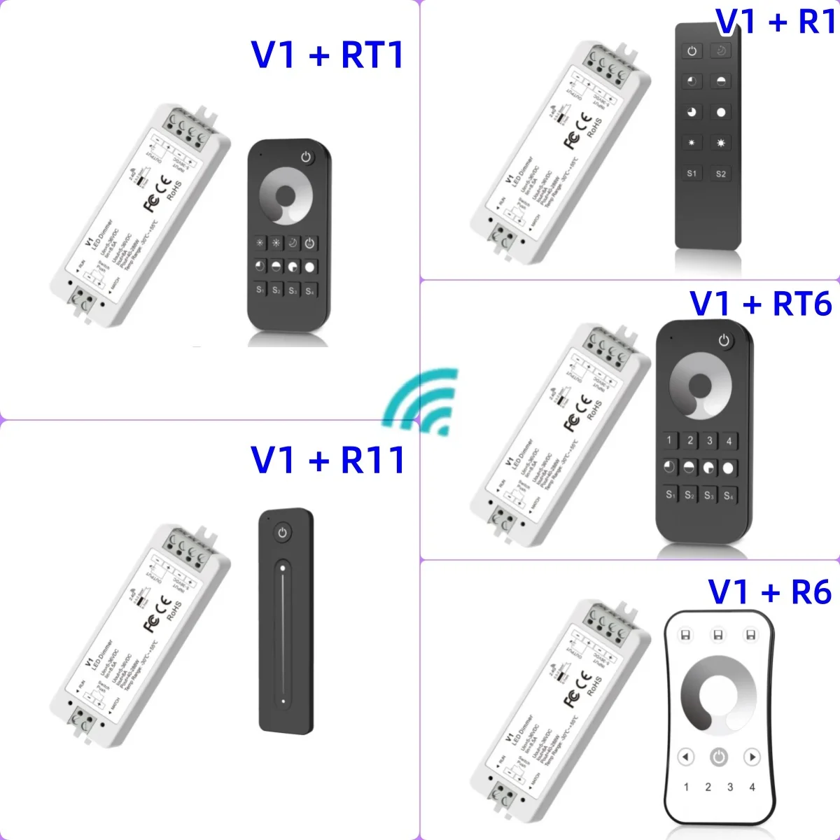 V1 Push-Dim 1CH * 8A DC5-36V LED Dimmer Controller e R1/RT1/R11/R6/RT6 Touch RF Remote per Single Color SMD5050 3528 LED Strip