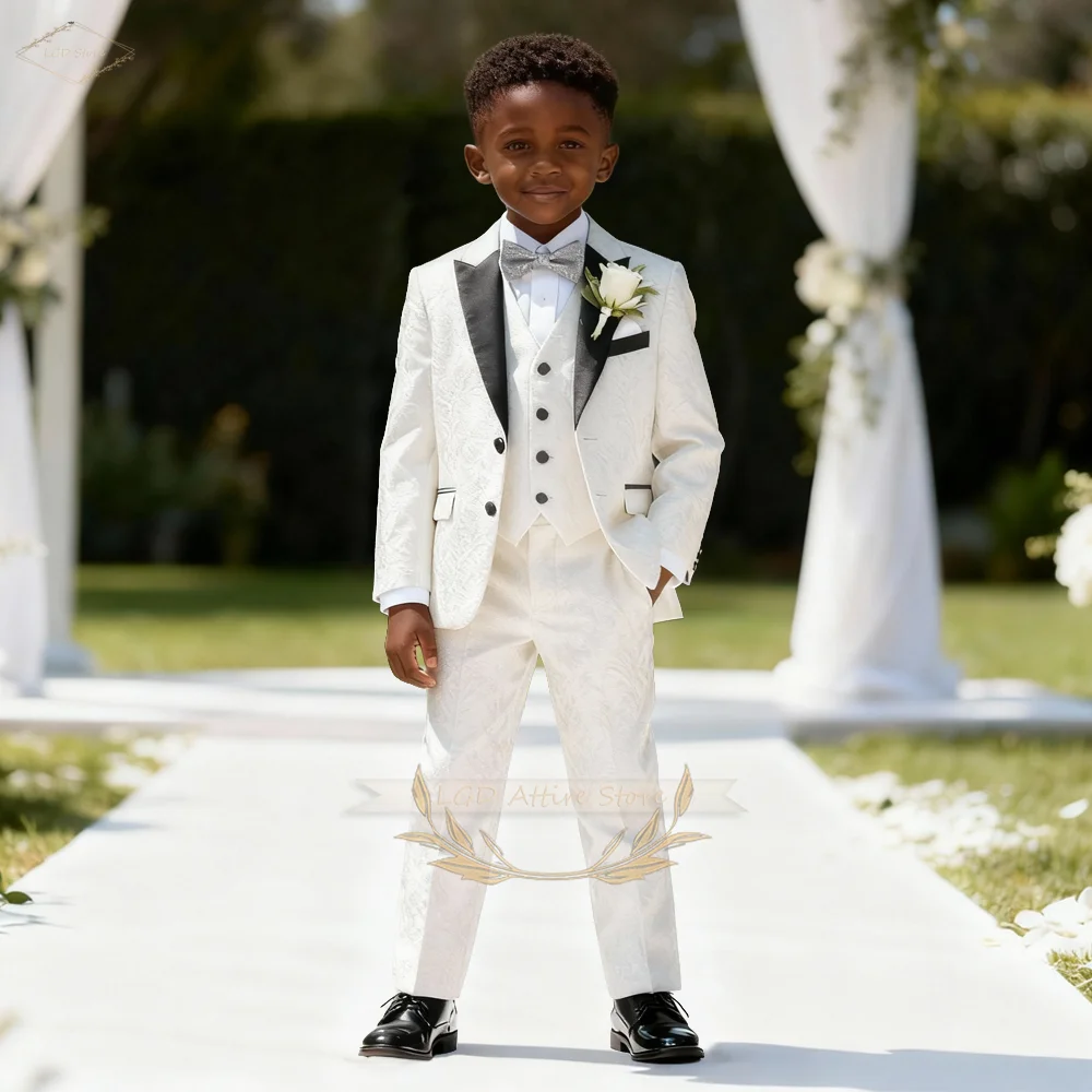 

Boys 3 Piece Stylish Jacquard Fabric Blazer Suit Contrast Collar Vest Pants Page Boy Gentleman Wedding Ceremony Formal Outfit