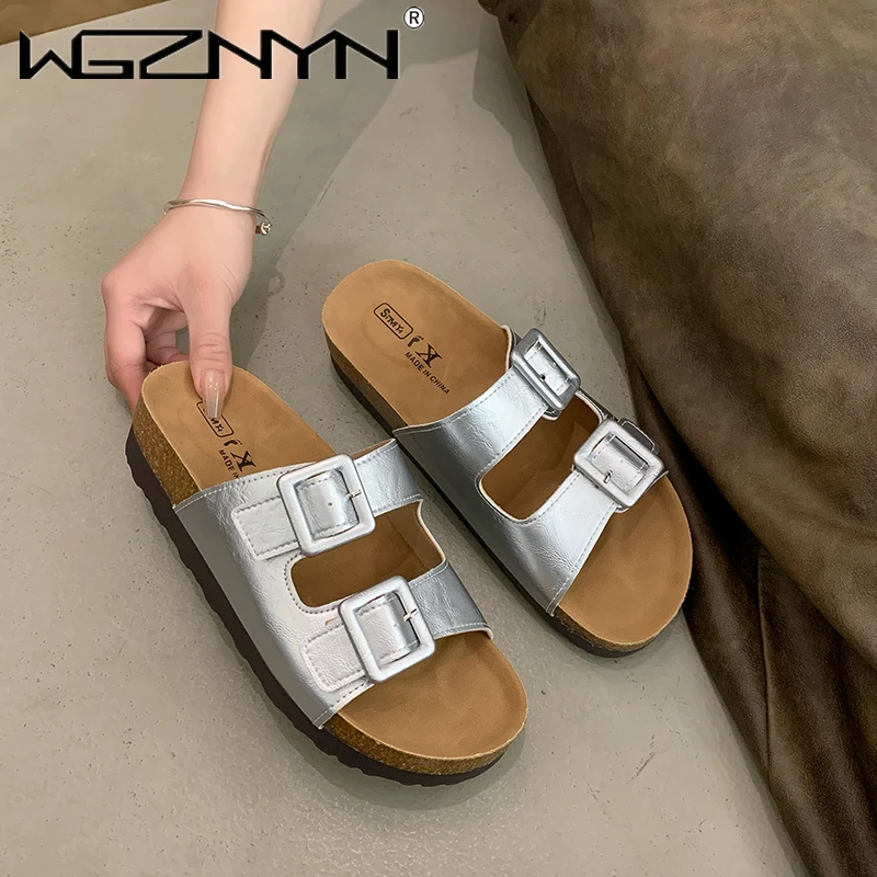 Summer Women Sandals Flats Cork Slippers Casual Shoes Fashion Leather Buckle Beach Slides Flip Flop Luxury Designer Slippers