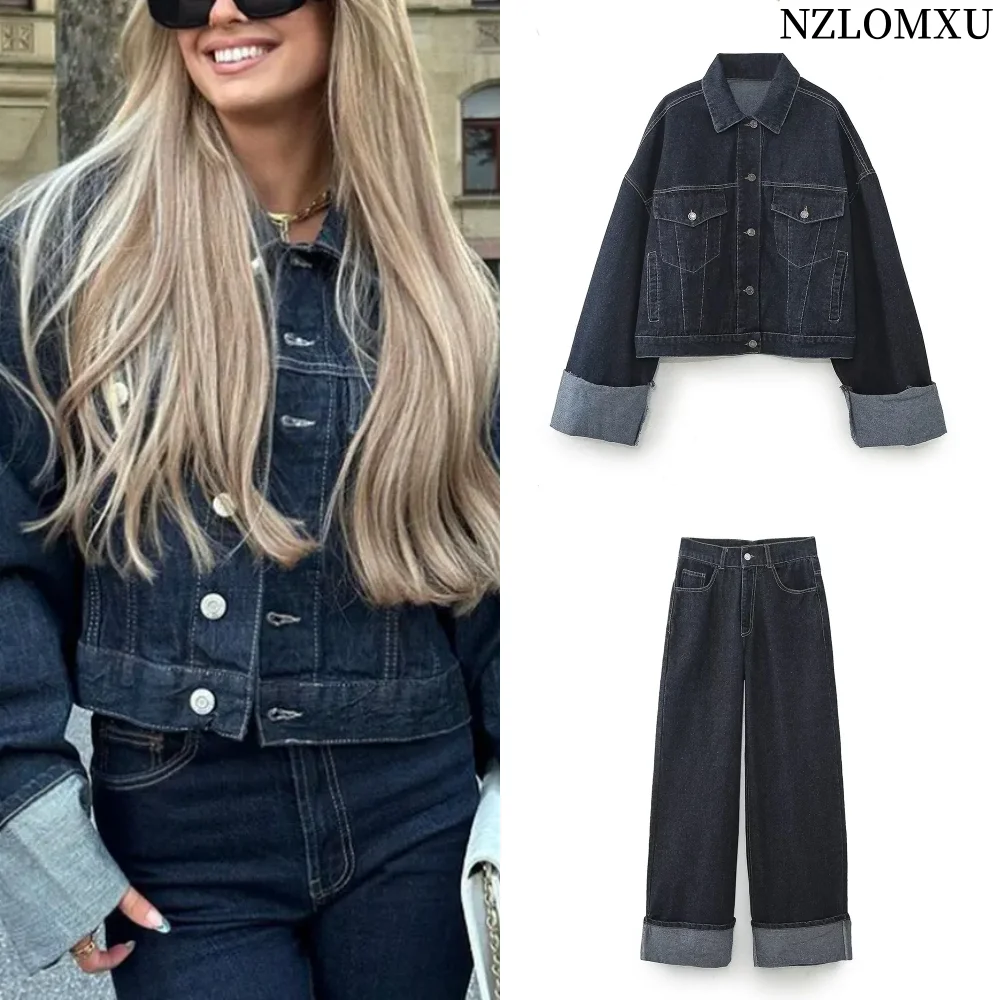 2023 Autumn Women Fashion Loose Short Denim Jacket + Draped Wide-leg Jean 2 Piece Set Suit