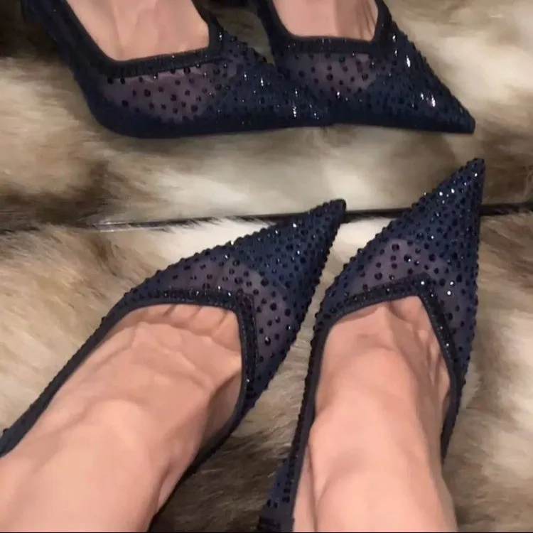 

Sexy Style Mesh Rhinestone High Heels for Women 2026 Spring New French Low-Cut Pointed Toe Pumps with Stiletto Heels