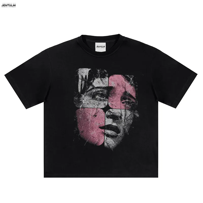 Unisex Men Thick T-shirt Summer Face Crying Graphic Black Aesthetic Short Sleeve T-shirts Pure Cotton Solid Color Top Casual Tee