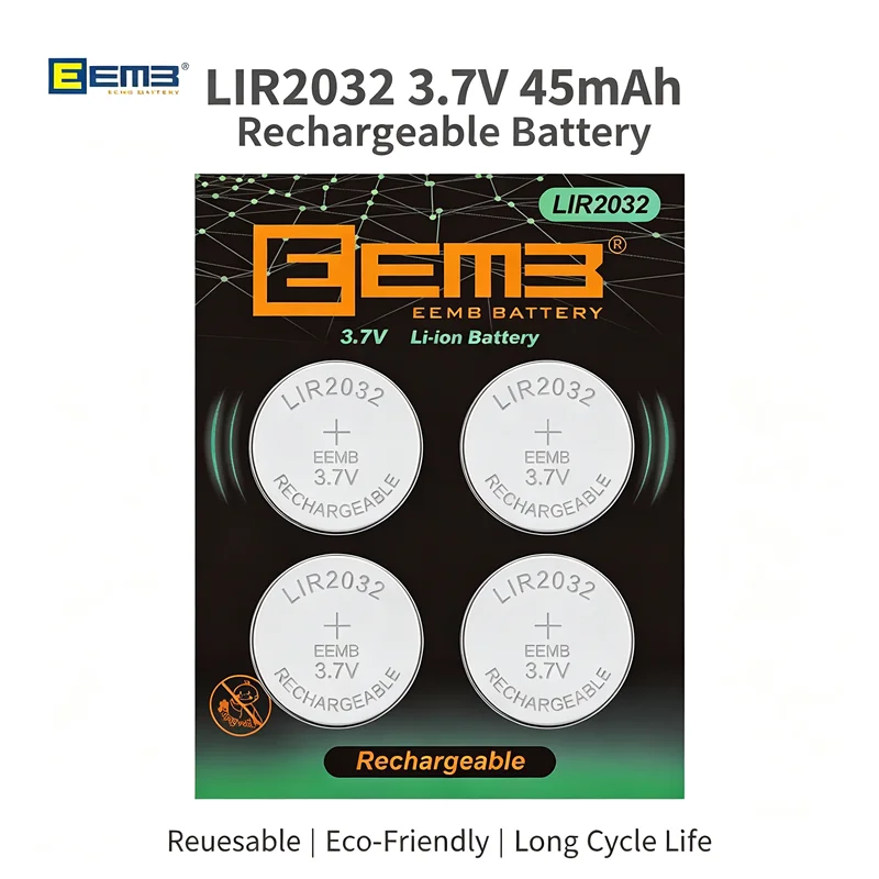 EEMB LIR2032 3,7V 45mAh Wiederaufladbare Lithium-Knopfzellenbatterie mit USB-Ladegerät für Ohrhörer, Headsets und Hörgeräte