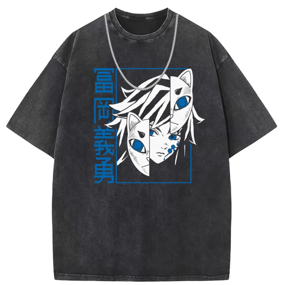 Tomioka Demon Slayer Tshirt Men Washed Tshirt Preppy Style Print Oversized Long Sleeve Sweatshirts New Arrivals T Shirt