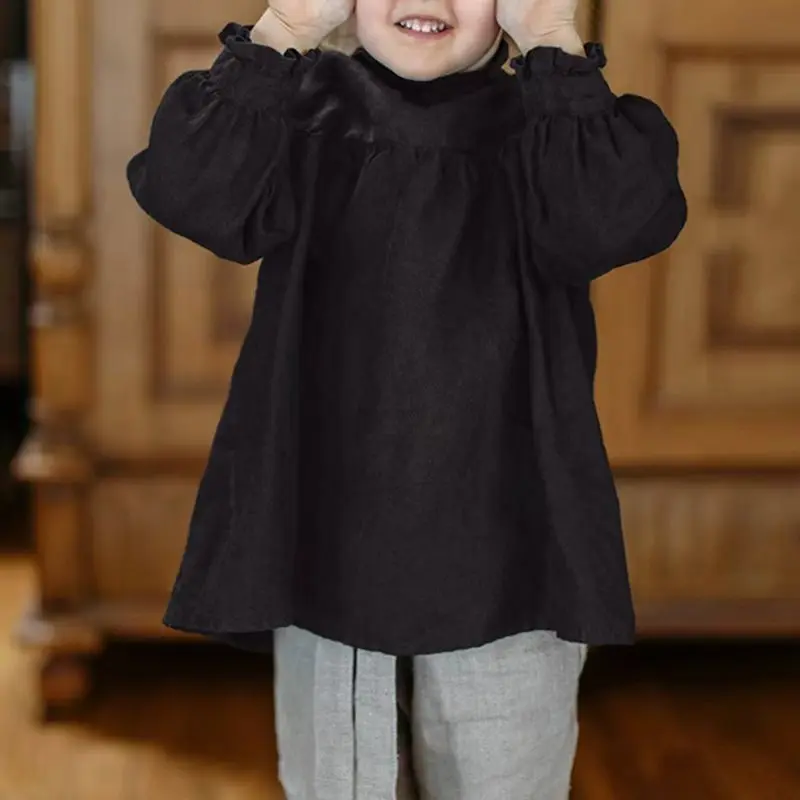 Retro Ramie Cotton Girls' Blouse Autumn New Back Tie-Up Stand Collar Ruffled Long Sleeve Shirts Children's Clothing