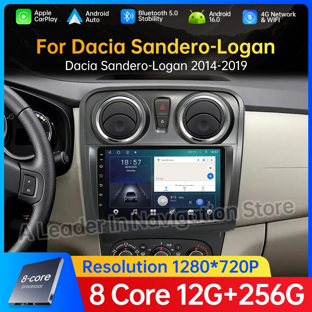 GPS Car Radio for Dacia Sandero-Logan 2014 - 2019 Multimedia Video Player Wireless Carplay Android 16 DSP Stereo 4G WIFI QLED