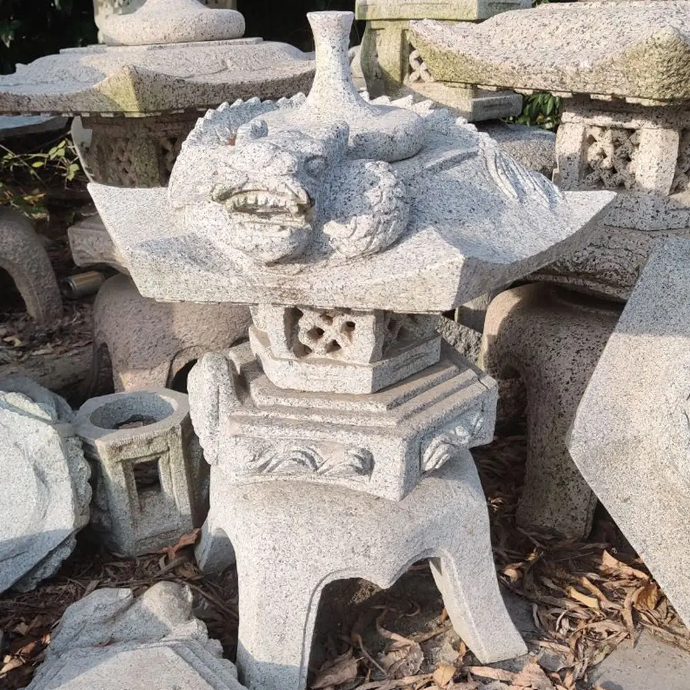 Japanese Hexagonal Garden Ornaments Traditional Lantern Nature Grey Granite Dragon Lantern