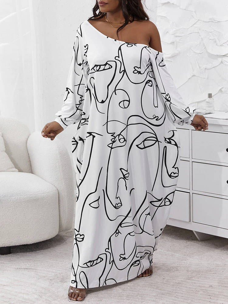 Plus Size Abstract Figure Print Lantern Sleeve Oversized Maxi Dress