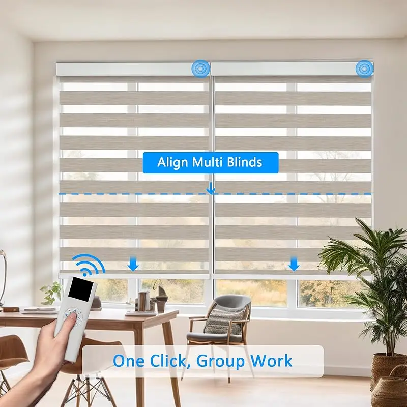 

Wholesale Custom Shades Day and Night Dual Fabric Zigbee Rechargeable Motor Timing Voice Control Electric Zebra Blinds For House