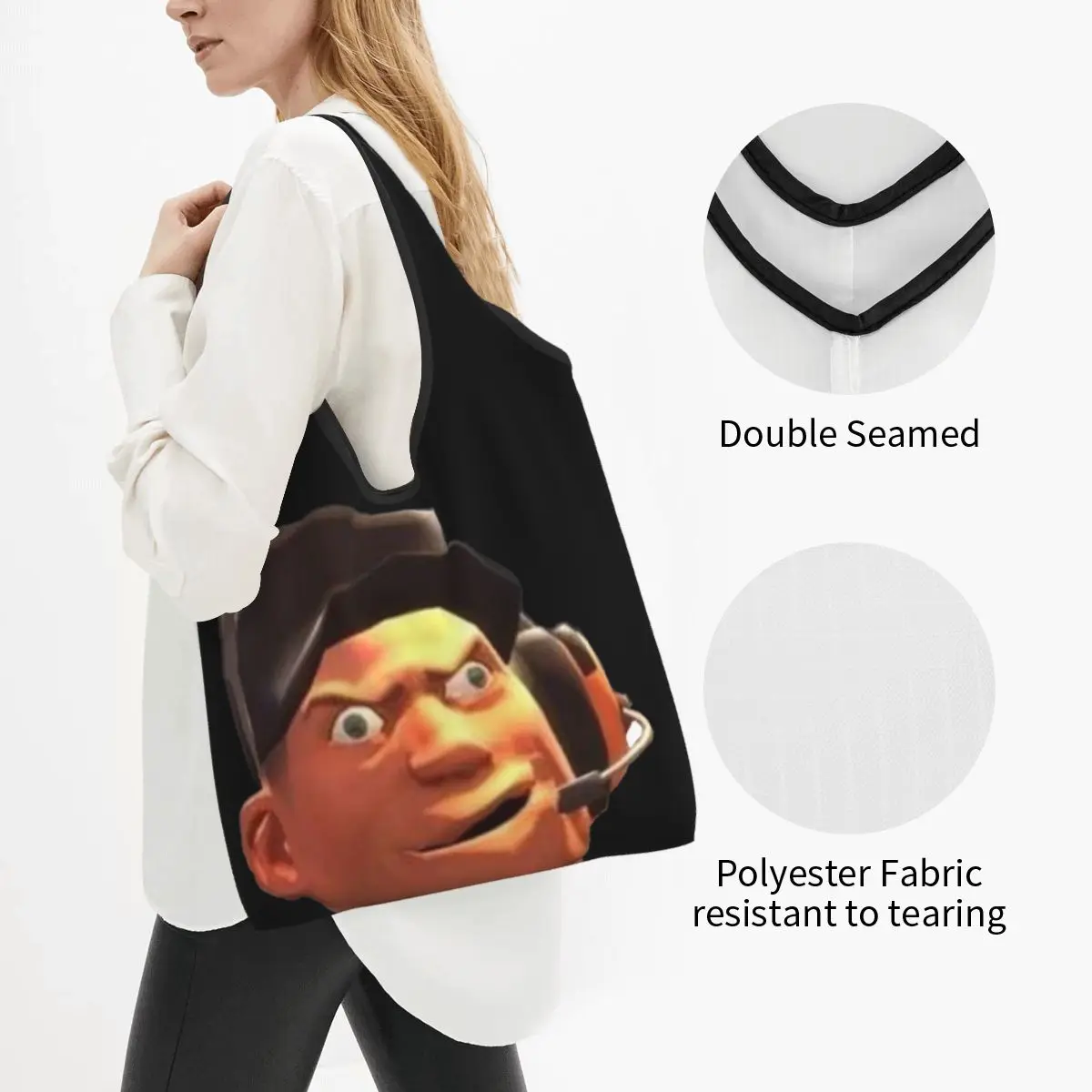 Team Fortress 2 TF2 Scout Gmod Face Funny Meme Portable Tote Shopping Bags Large Capacity Shopper Bag Handbag Shoulder Bag