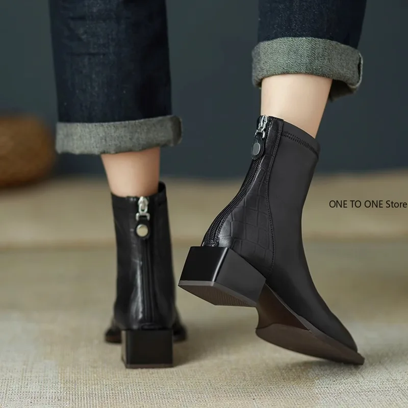 Winter Woman Ankle Boots Fashion Square Toe Ladies Elegant Square Low Heel Short Boots Shoes Black Women\'s Chelsea Boots