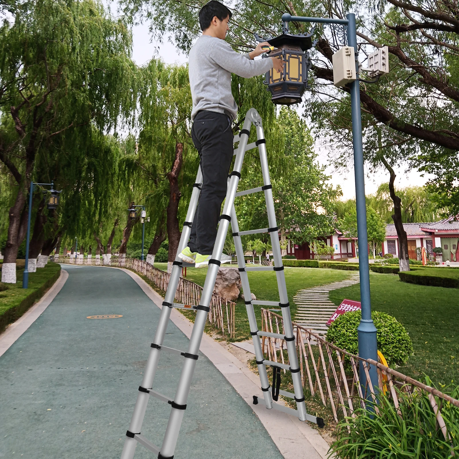 5M Dual-use folding ladder with support rod A-type aluminum ladder lightweight A-frame anti-wobble commercial indoor and outdoor