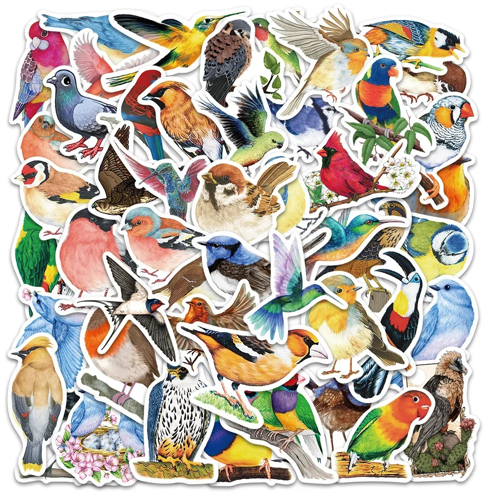 50PCS Watercolor Bird Graffiti Waterproof Stickers Cartoon Cute Animals DIY Refrigerator Cup Scooter