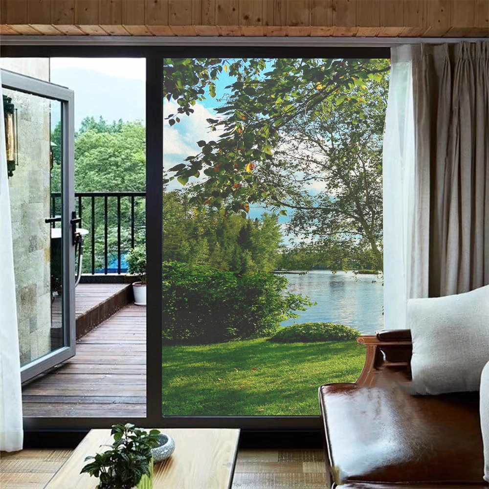 Non-glue Static Cling Privacy Window Frosted Film Natural Lake View Pattern Sun Blocking Glass Door Window Decorative Film